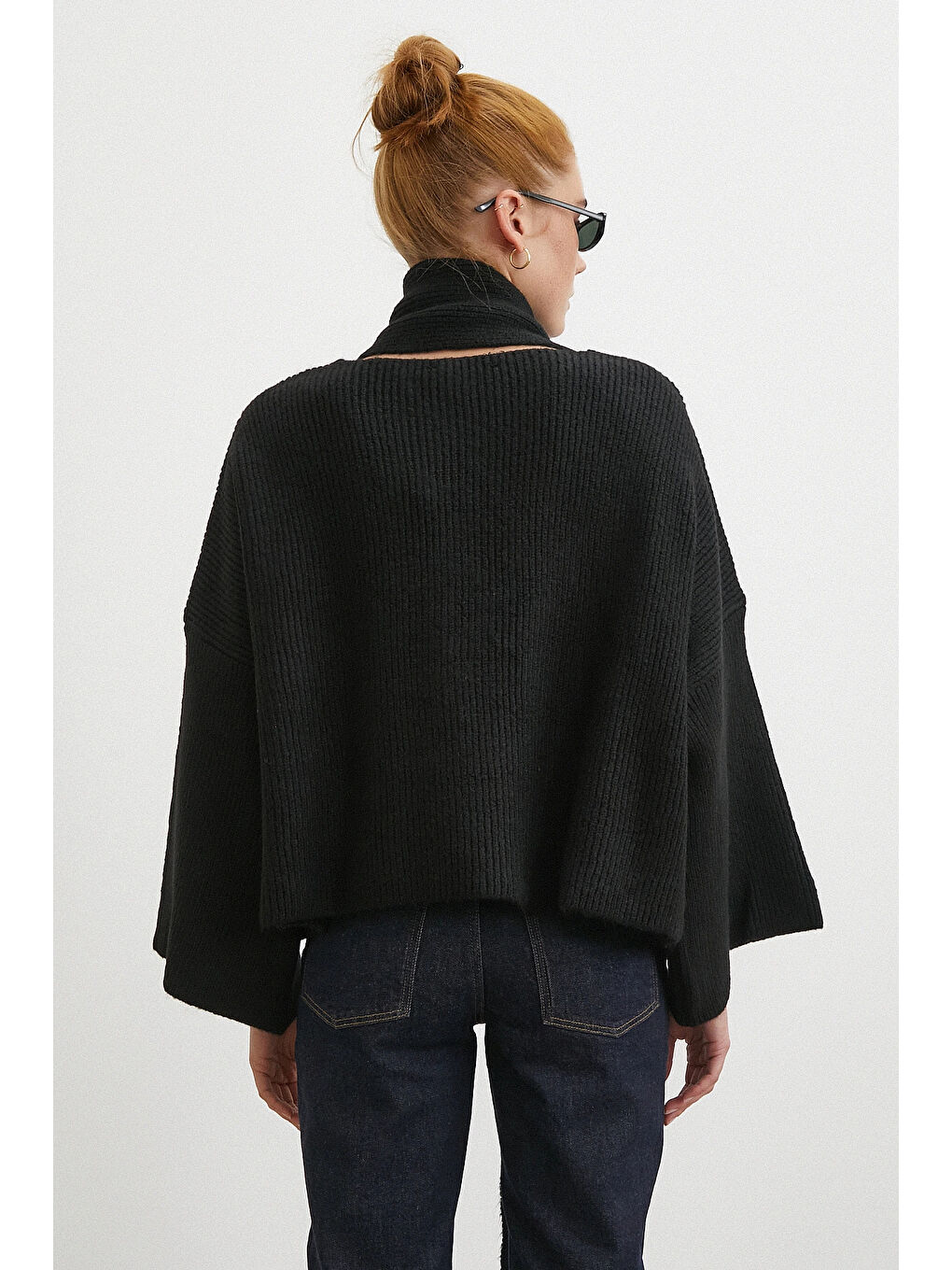 Fitilli Şal Yaka Kazak Siyah-5