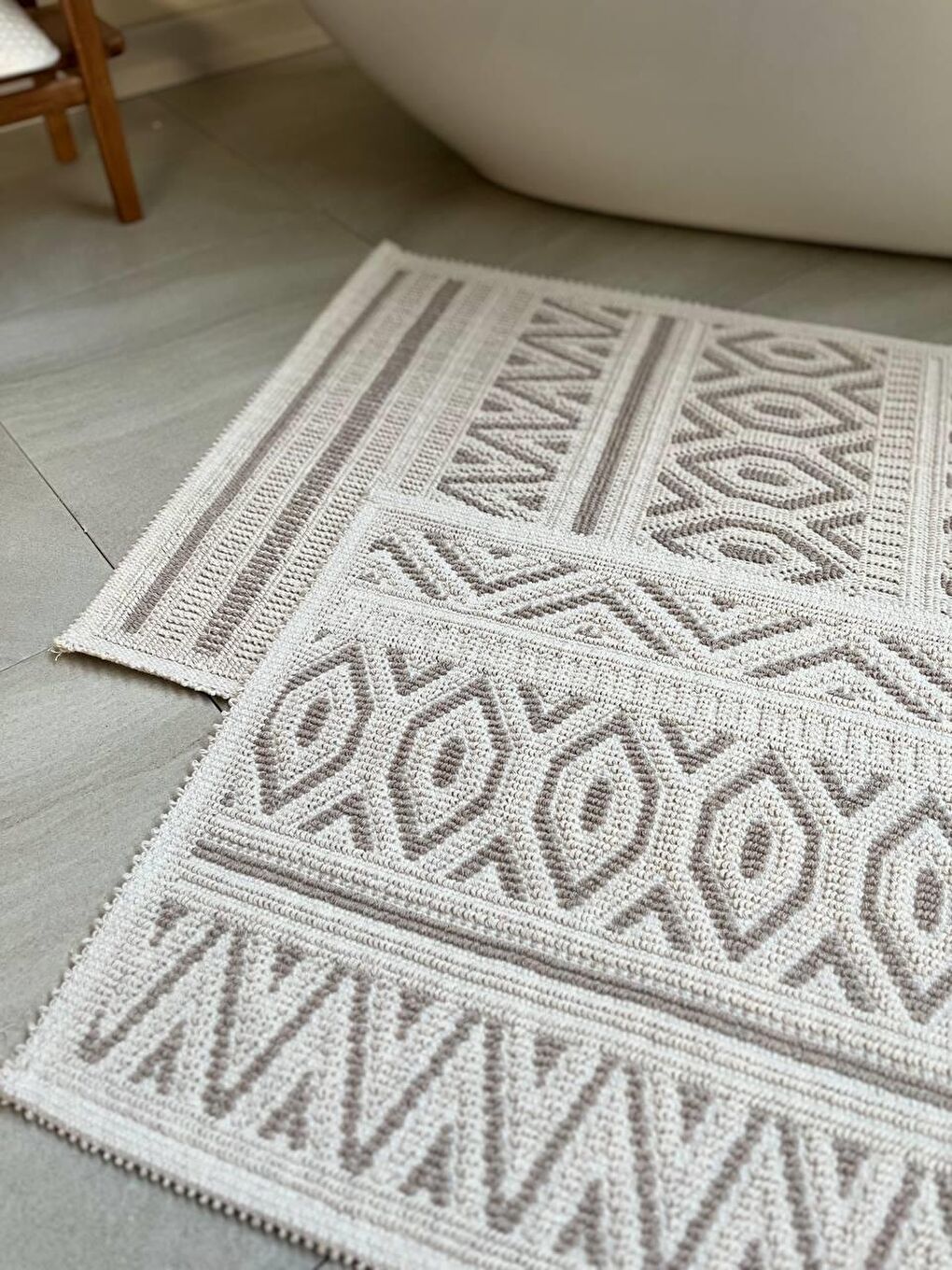 Bej Hat Doğal Pamuklu 2'li Banyo Paspas Seti 60x100+50x60 Cm - Taş-3