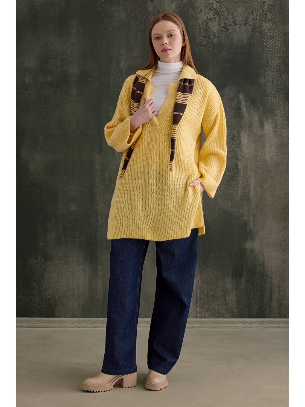 Uzun Polo Yaka Kazak Soft Sarı-2