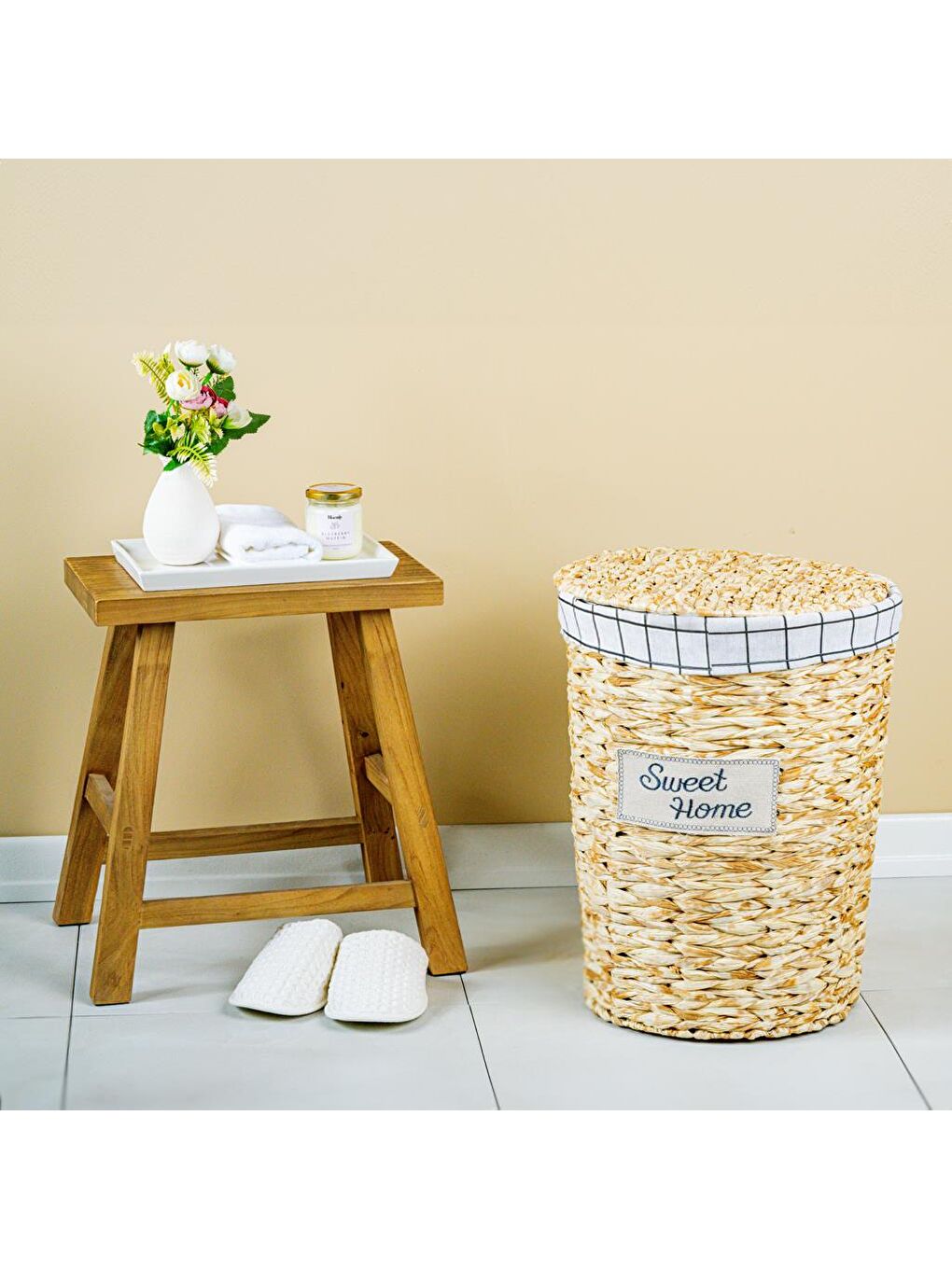 Renksiz Round Dekoratif Çamaşır Sepeti 48x38 Cm -Kahverengi