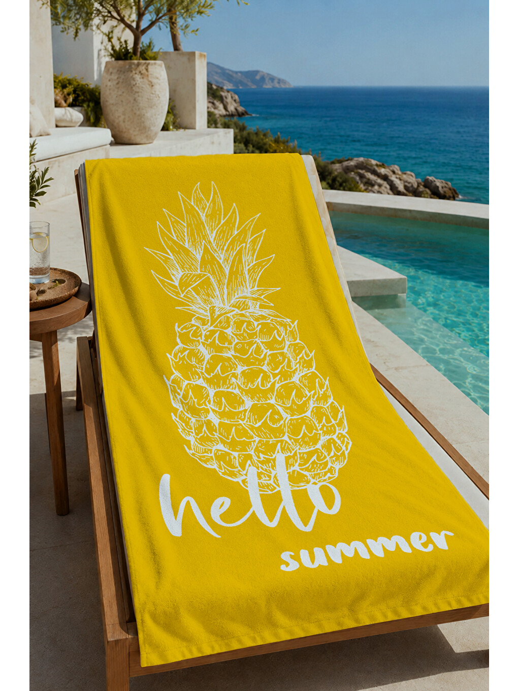 Sarı Hello Summer Ananas Desenli 70x150 Cm Dijital Baskılı Plaj Ve Banyo Havlusu