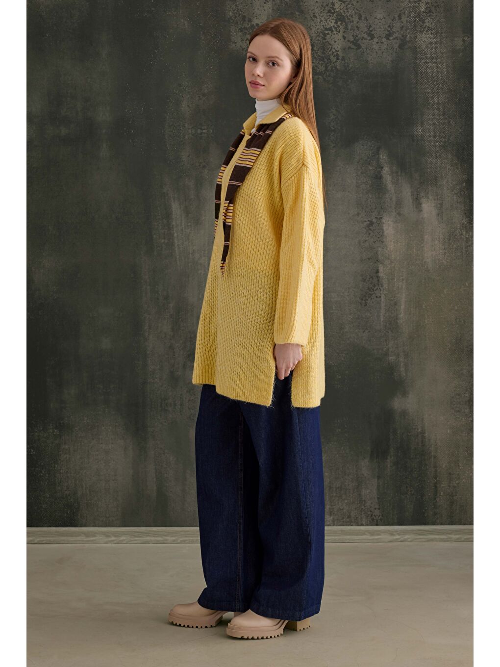 Uzun Polo Yaka Kazak Soft Sarı-3