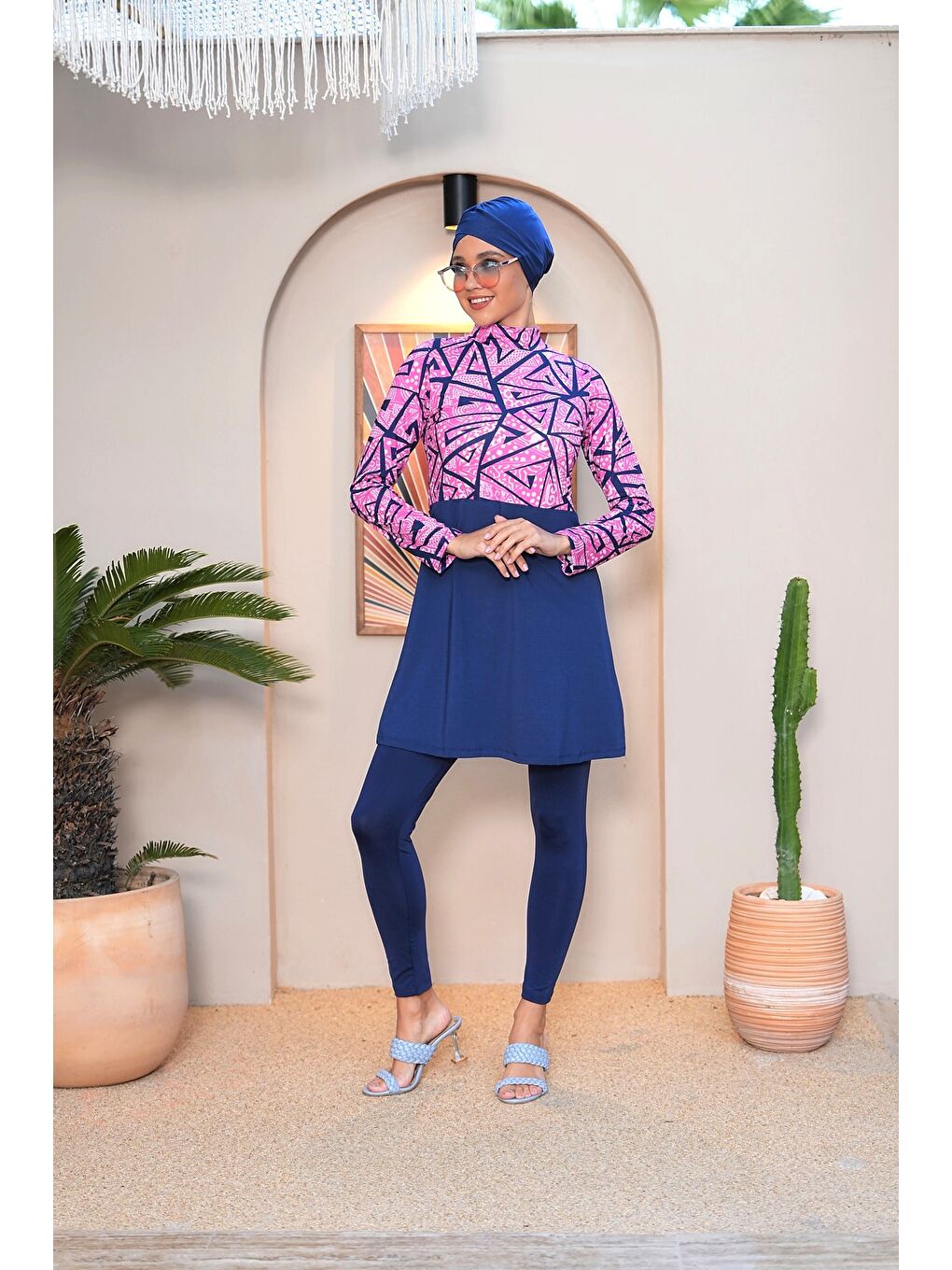 Lacivert Dijital Baskılı Taytlı Kapalı Tesettür Mayo 3750-1