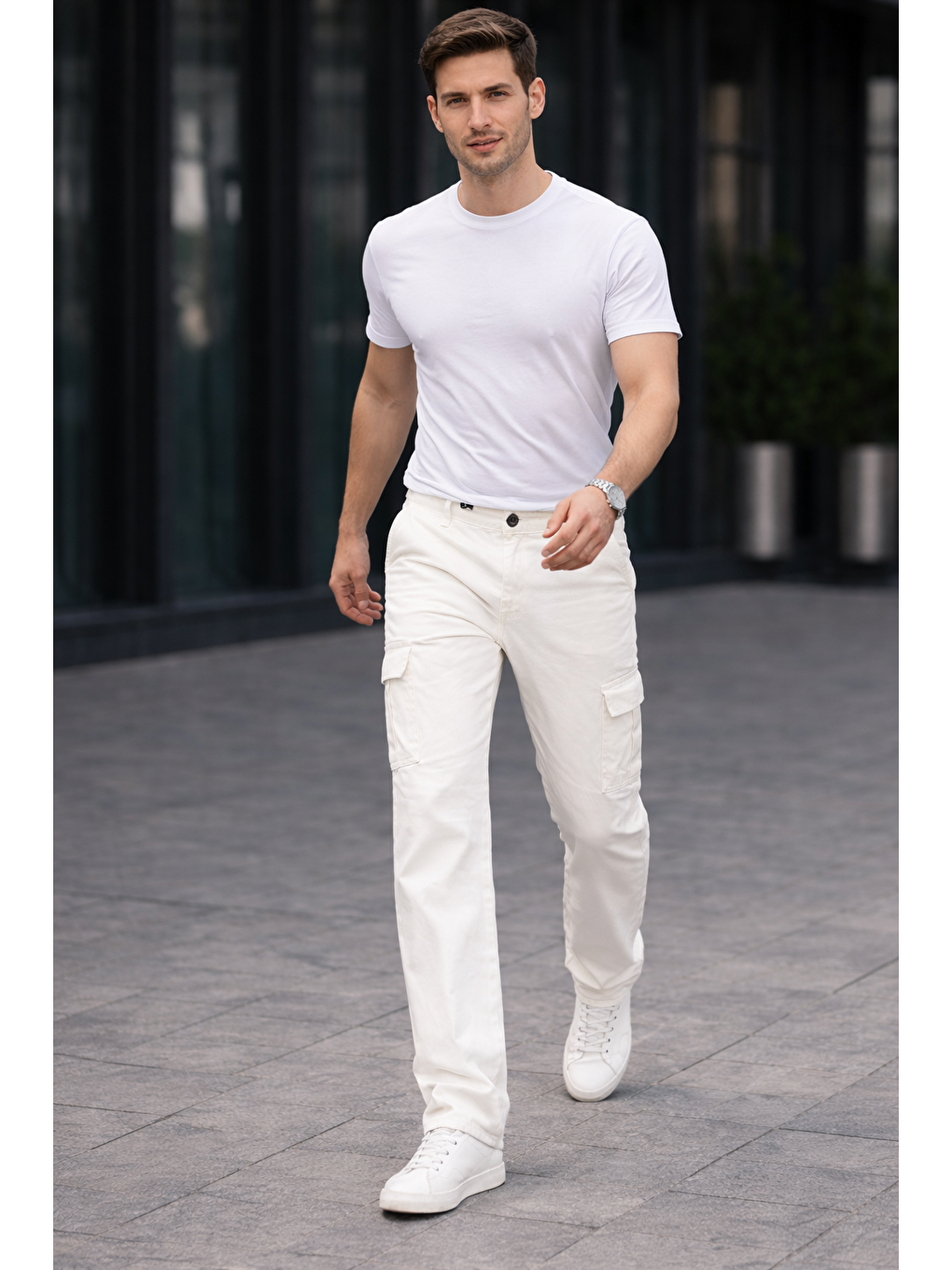 Erkek Trend Bol Paça Günlük Kargo Beyaz Baggy Pantolon-3