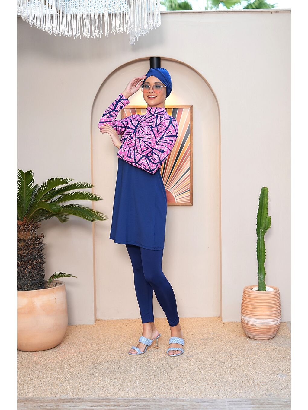 Lacivert Dijital Baskılı Taytlı Kapalı Tesettür Mayo 3750-2