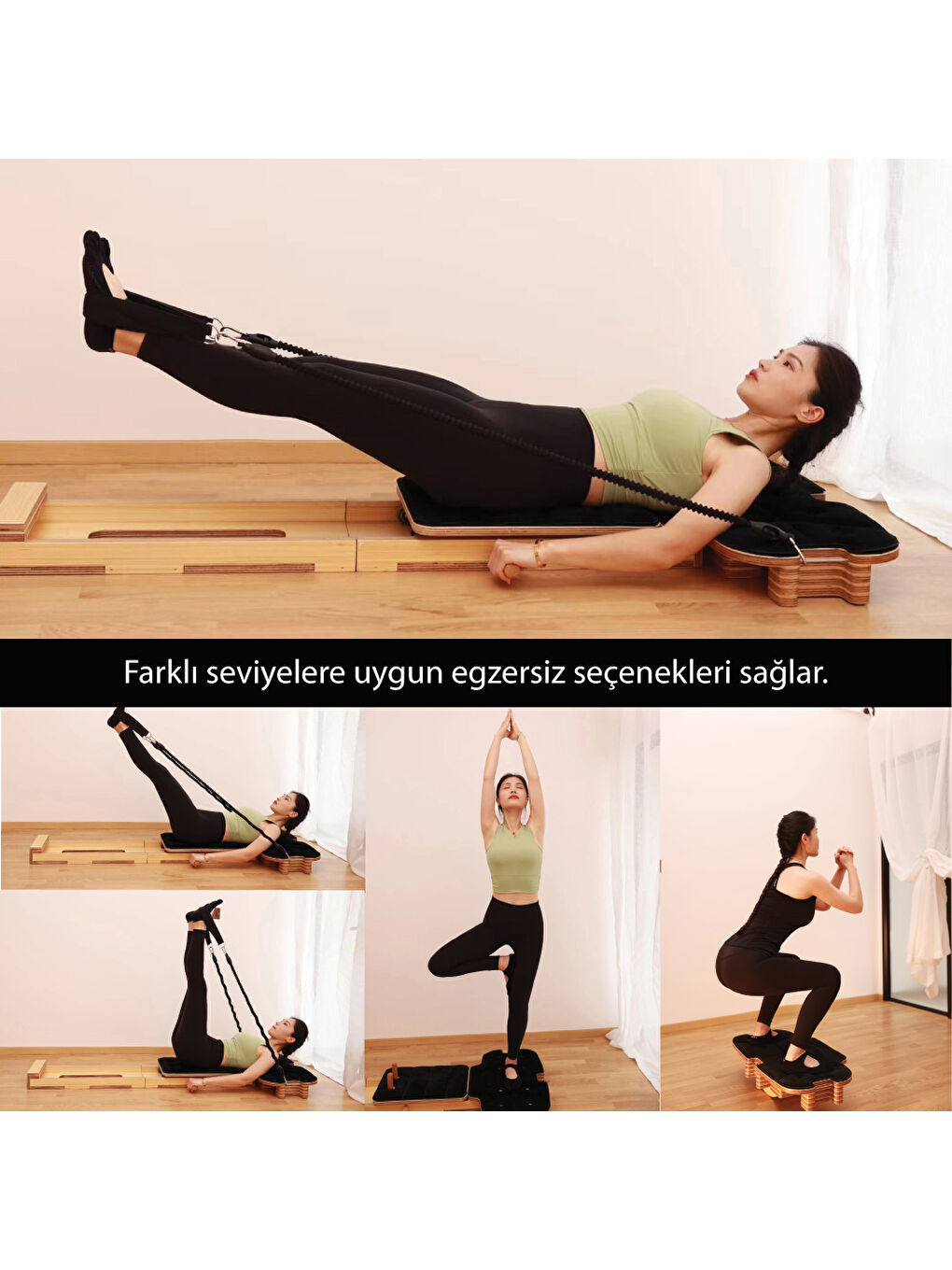 kochler Karişik Profesyonel Reformer Pilates Aleti – Ahşap Gövde, Ayarlanabilir Yaylı Sistem - 2