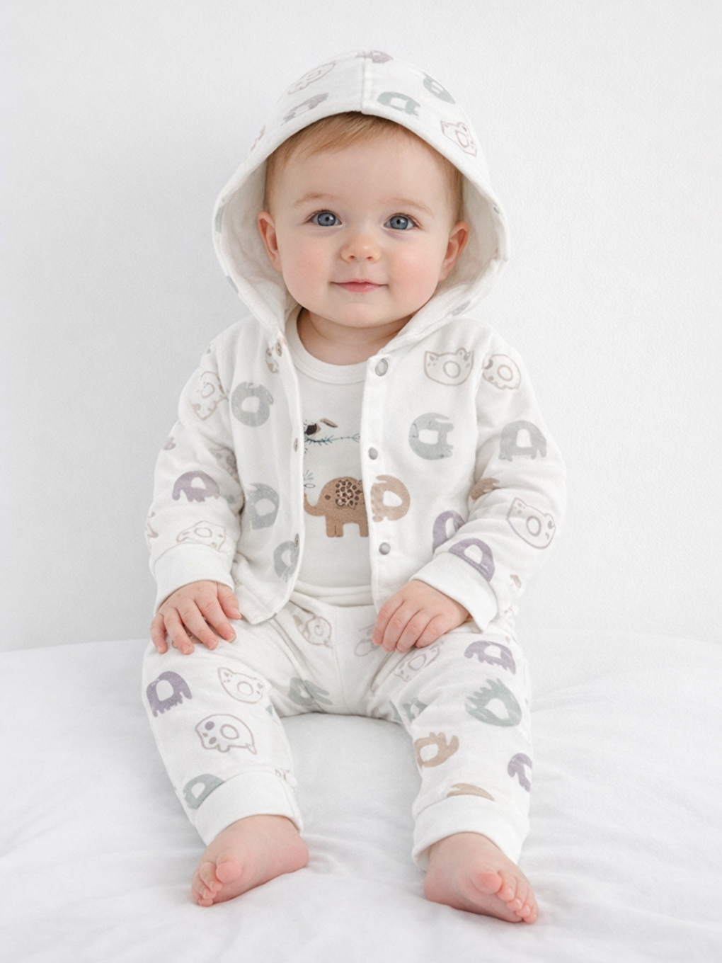 Gri Erkek Bebek Hırkalı Fil Desenli 3lü Takım Alt-Üst Set Pamuklu Mevsimlik-1