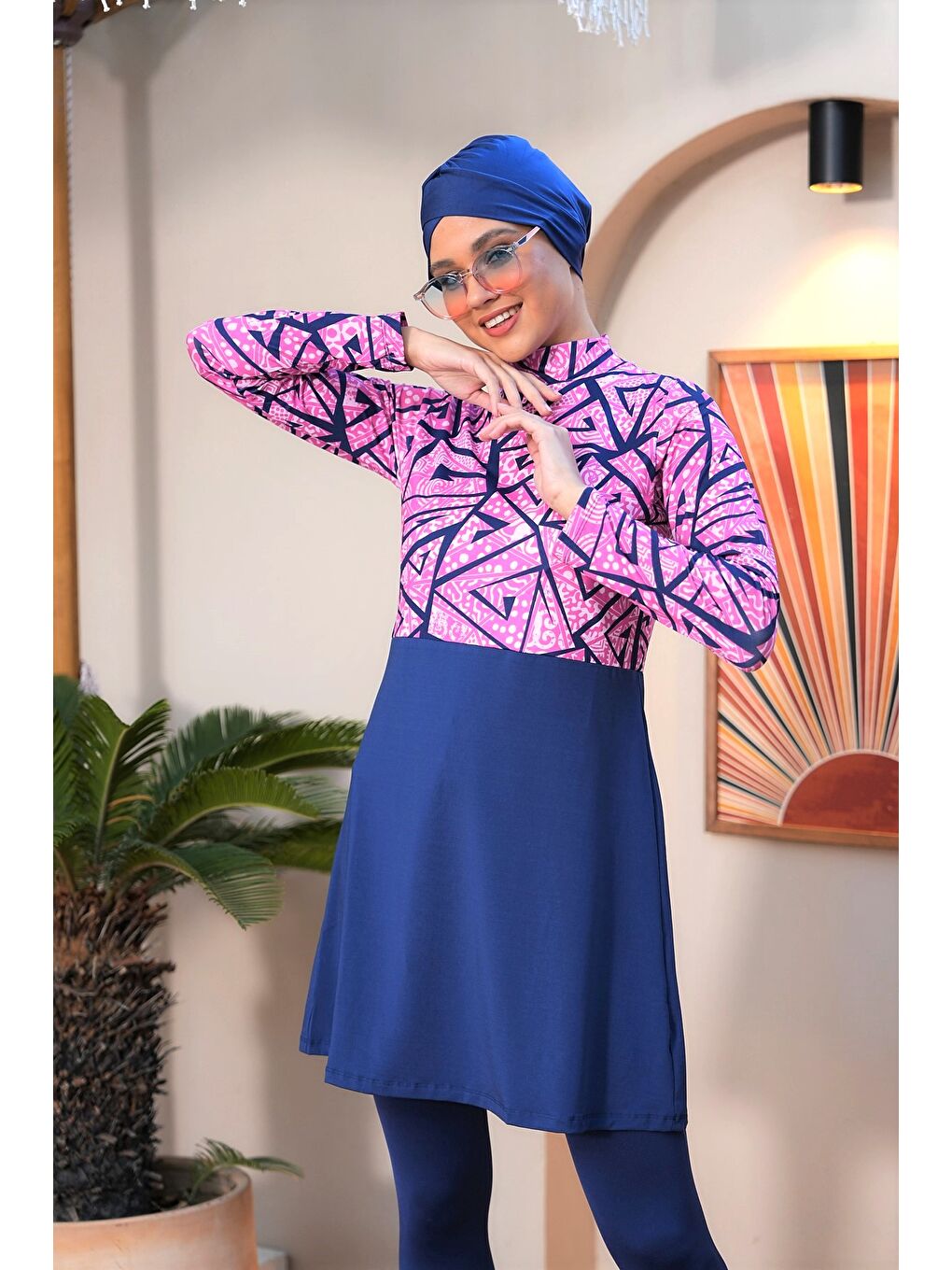 Lacivert Dijital Baskılı Taytlı Kapalı Tesettür Mayo 3750-3