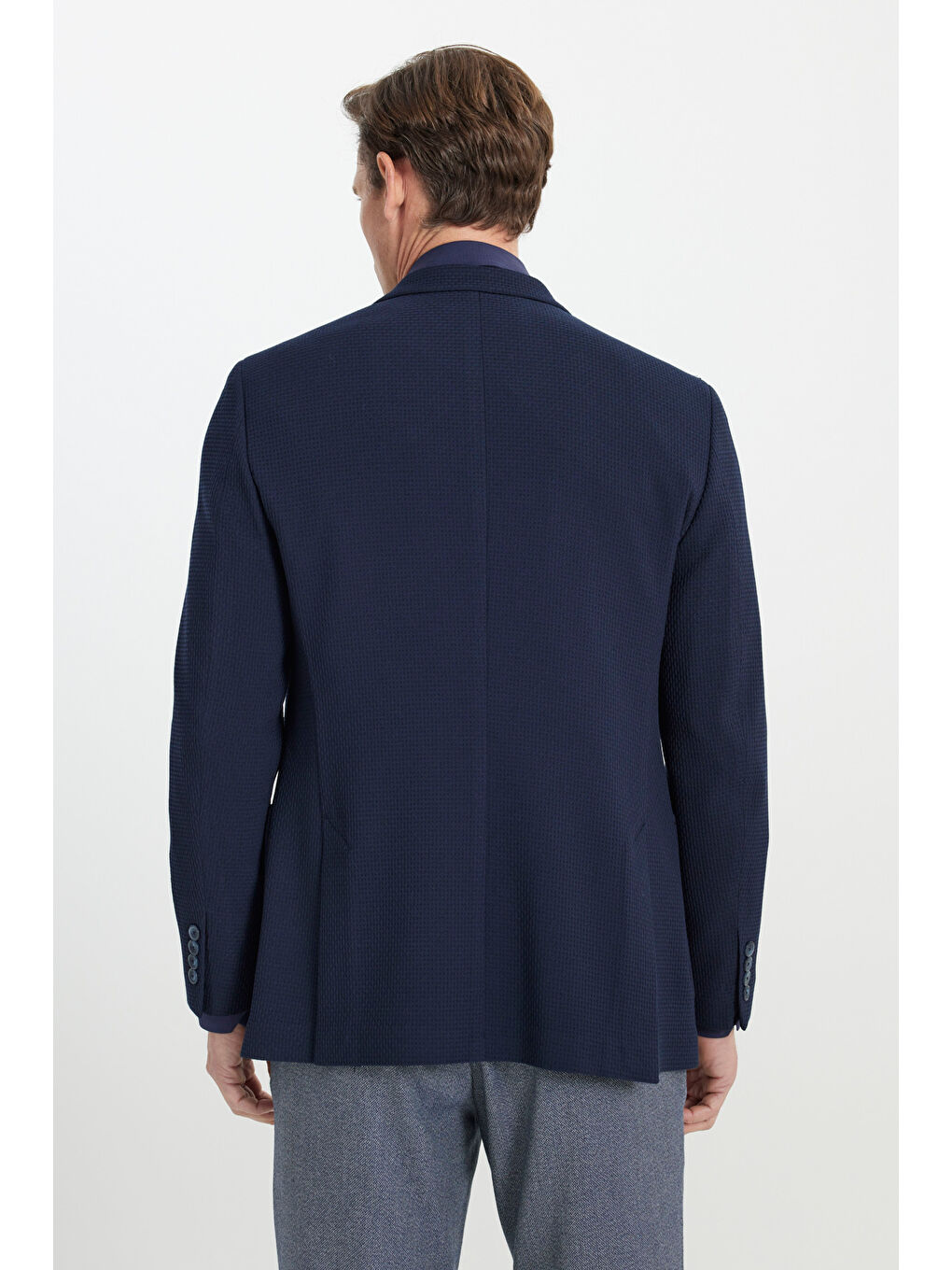 Erkek Lacivert Slim Fit Dar Kesim Mono Yaka Gofre Desenli Torba Cepli Ceket-4