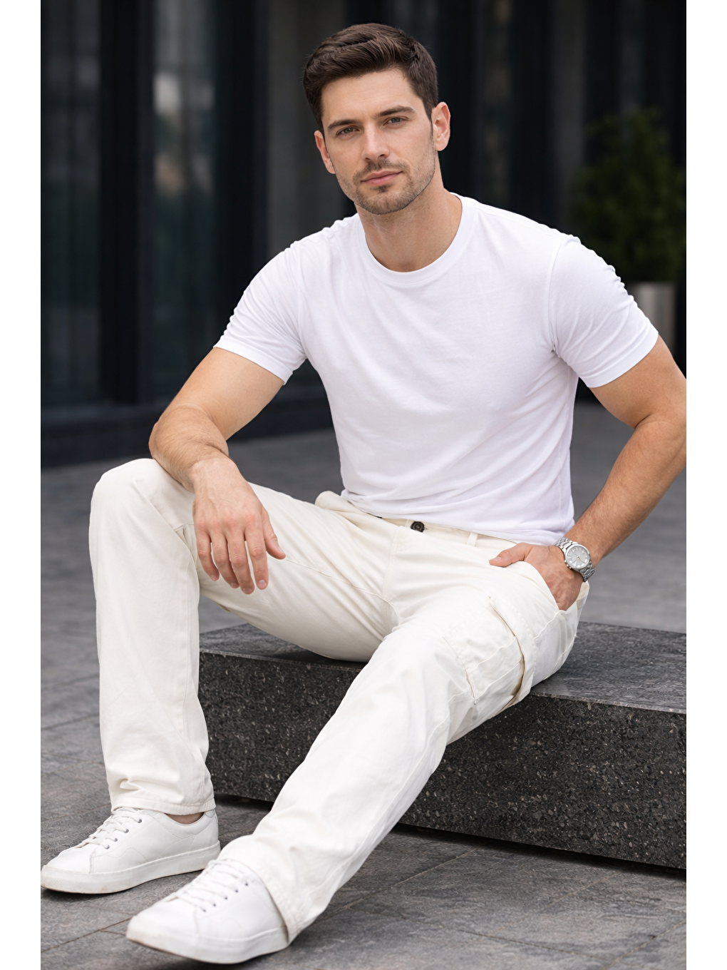 Erkek Trend Bol Paça Günlük Kargo Beyaz Baggy Pantolon-4