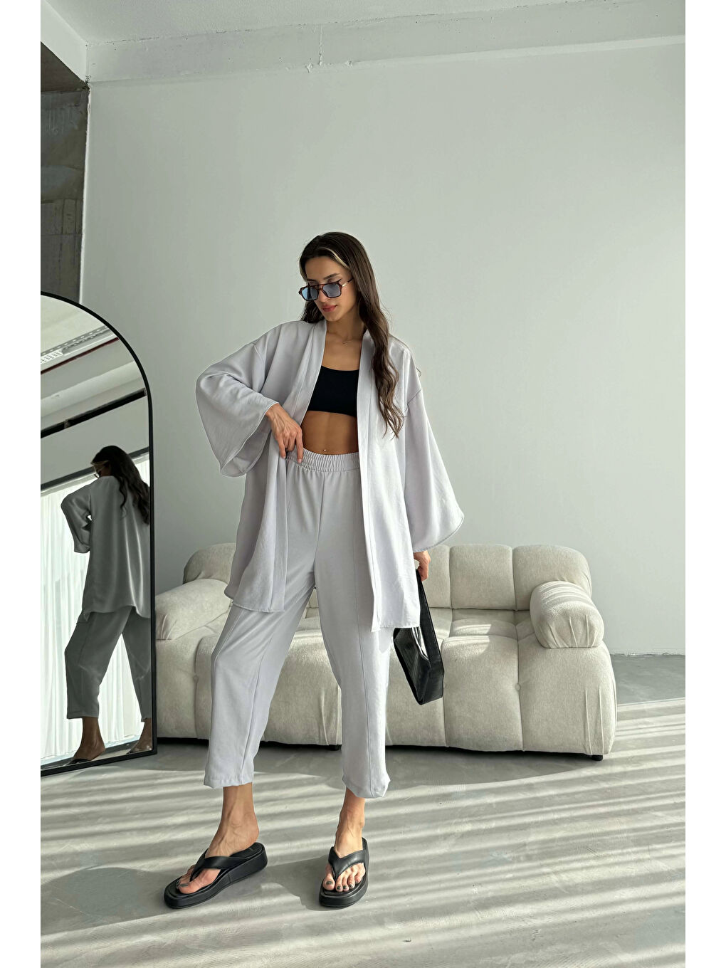 Kadın Gri Kimono Takım 1018-0075-5