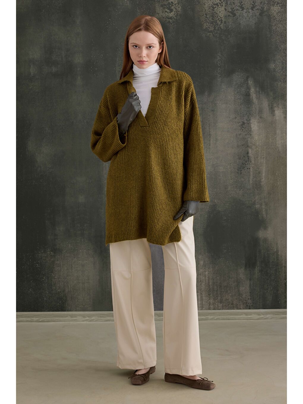 Yeşil Uzun Polo Yaka Kazak Yosun