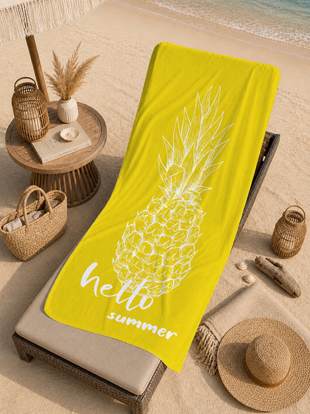 Sarı Hello Summer Ananas Desenli 70x150 Cm Dijital Baskılı Plaj Ve Banyo Havlusu-4