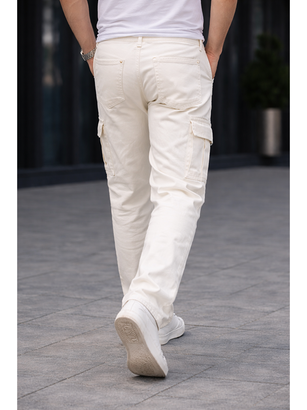 Erkek Trend Bol Paça Günlük Kargo Beyaz Baggy Pantolon-5