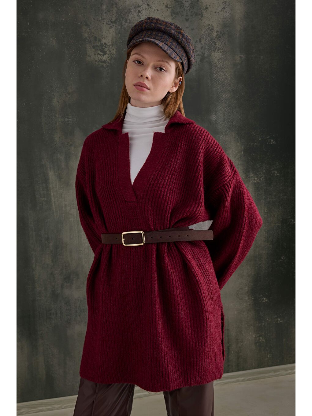 Uzun Polo Yaka Kazak Bordo-1