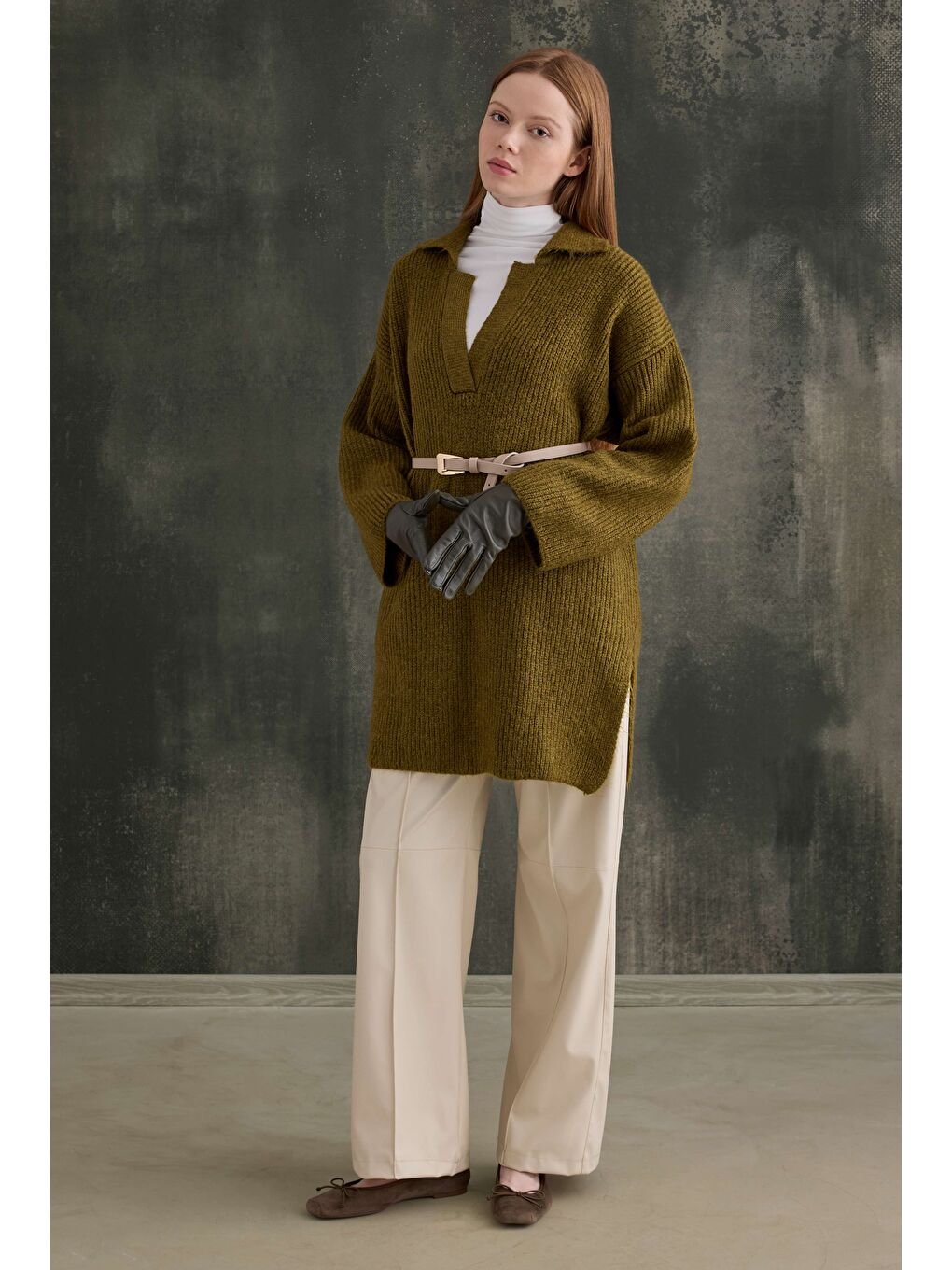 Yeşil Uzun Polo Yaka Kazak Yosun-1