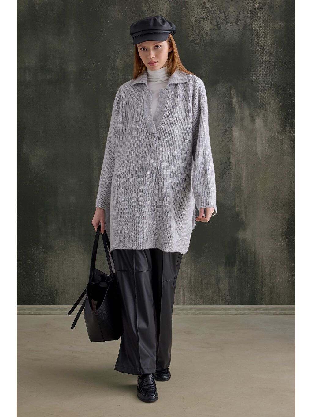 Uzun Polo Yaka Kazak Açık Gri-3