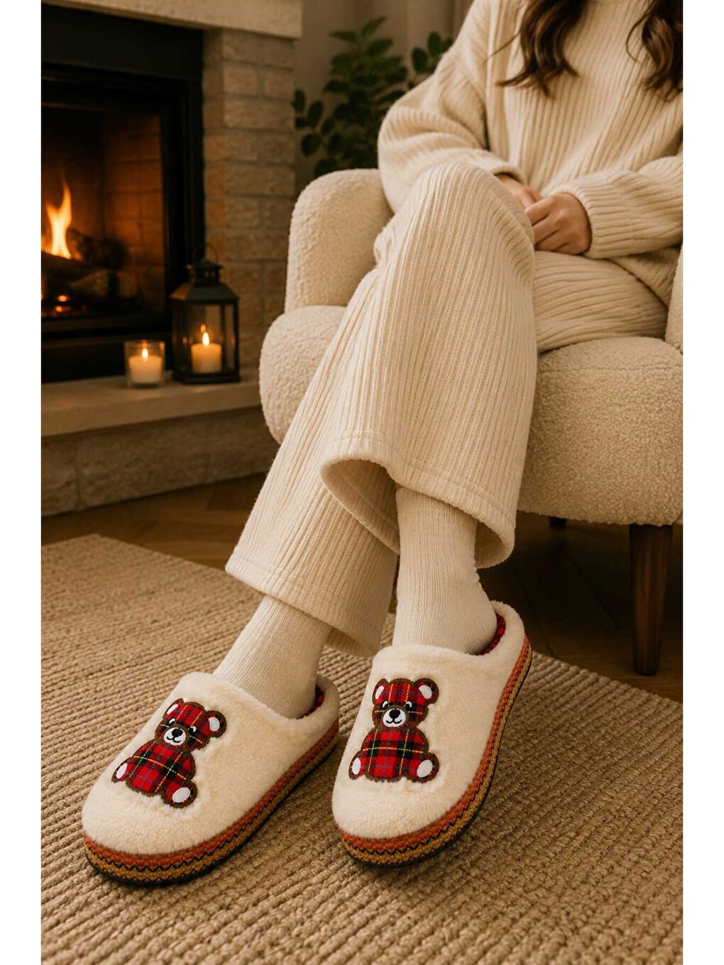 Ekru Unisex, Ekose Desenli, Ayı Figürlü, Yumuşak, Pelüş Kışlık Ev Terliği-5