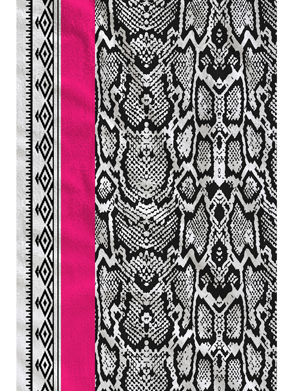 Pembe Şeritli Siyah Beyaz Etnik Desenli 70x150 Cm Dijital Baskılı Plaj Ve Banyo Havlusu-1