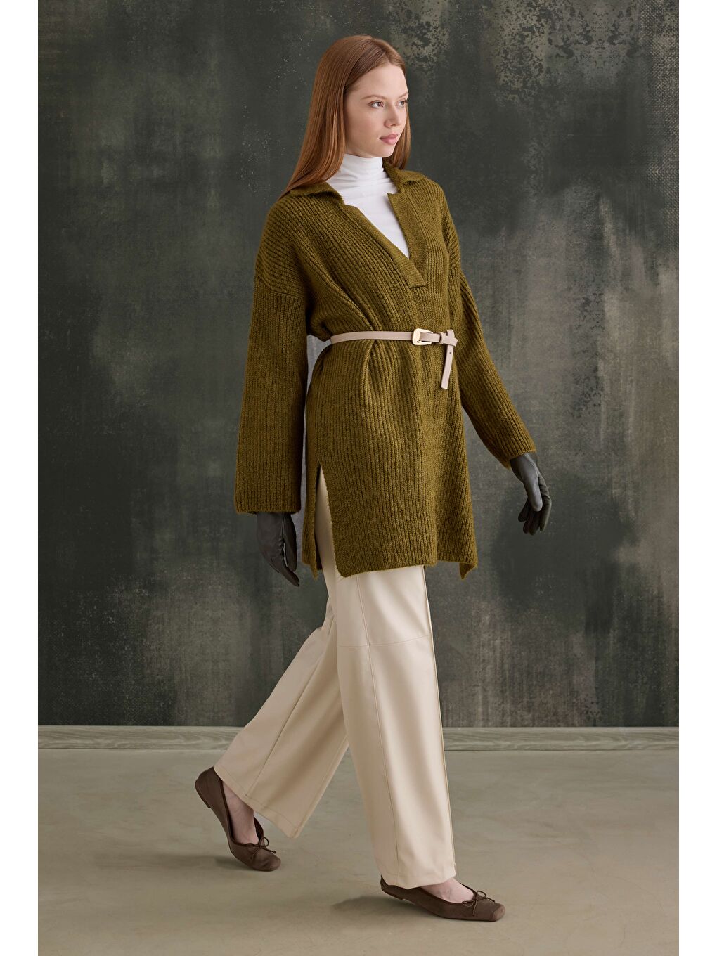 Yeşil Uzun Polo Yaka Kazak Yosun-2