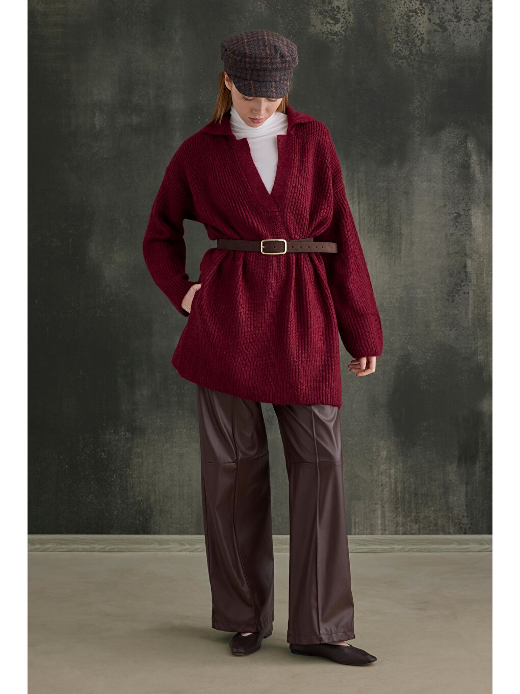 Uzun Polo Yaka Kazak Bordo-2