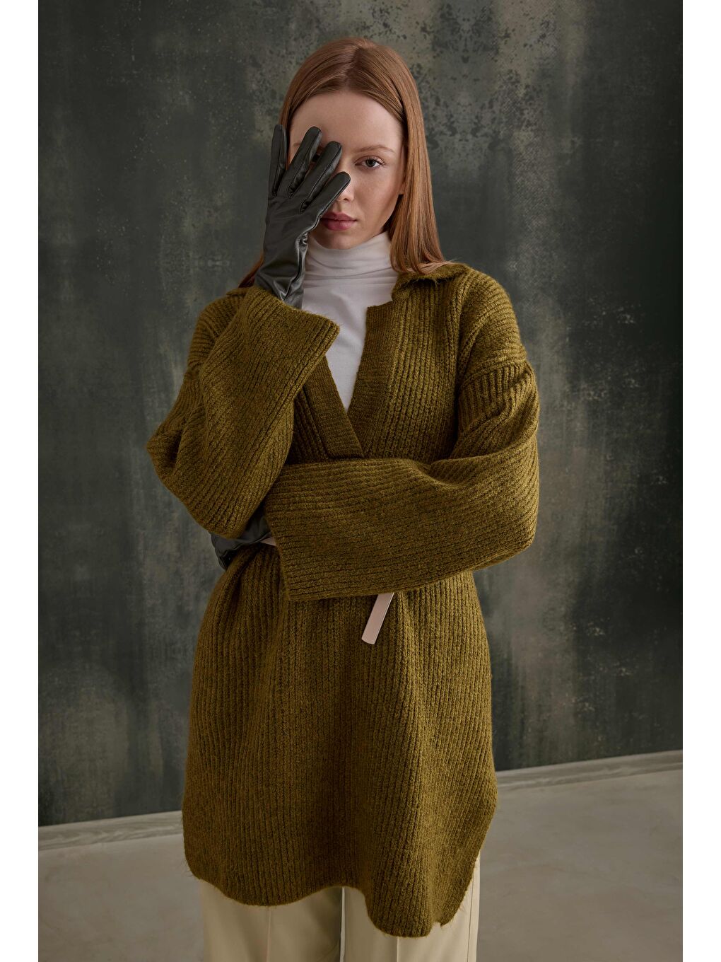 Yeşil Uzun Polo Yaka Kazak Yosun-3