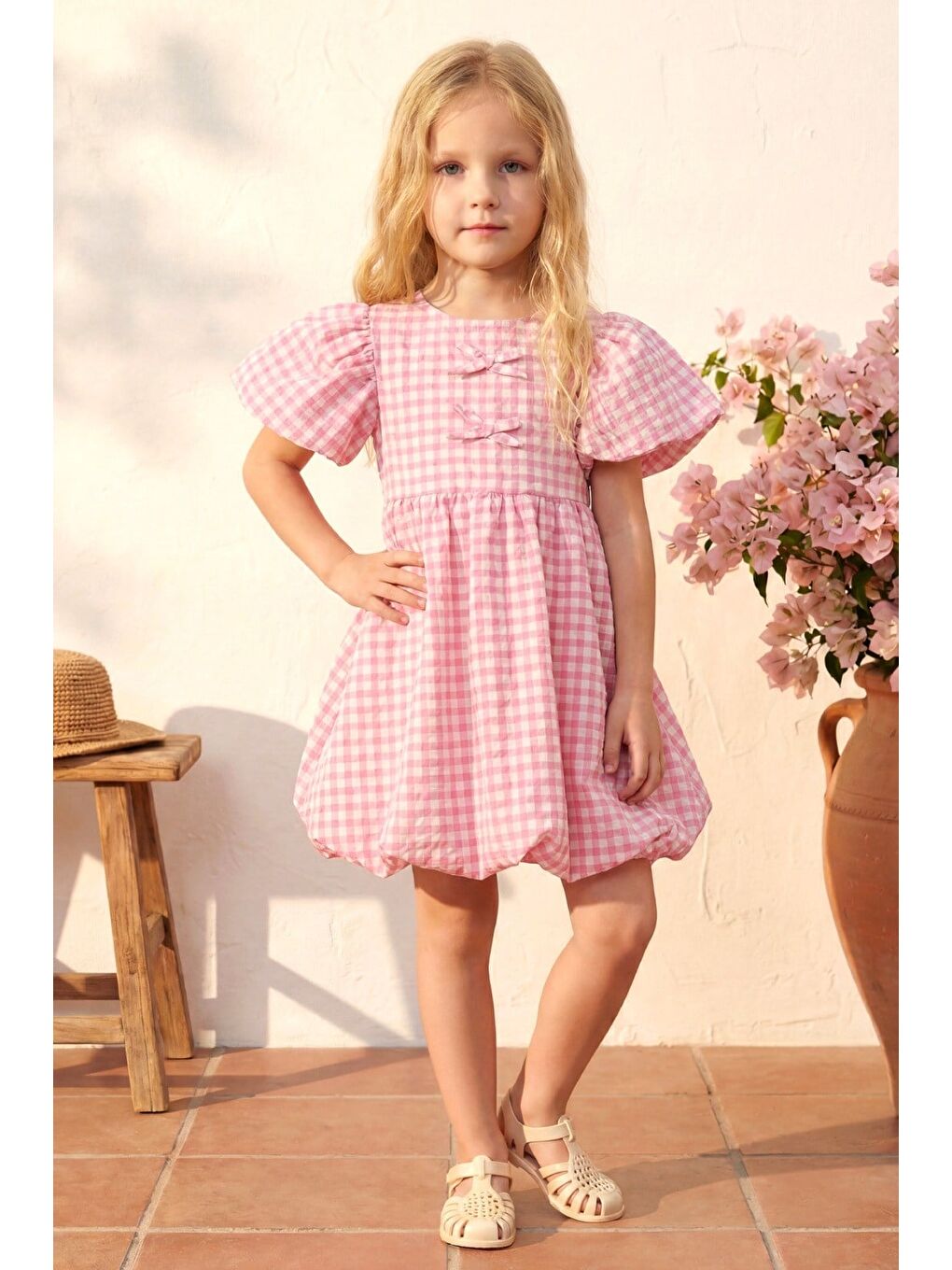 Kız Çocuk Pamuklu Pembe Pötikare Elbise - Fiyonk Detaylı-2