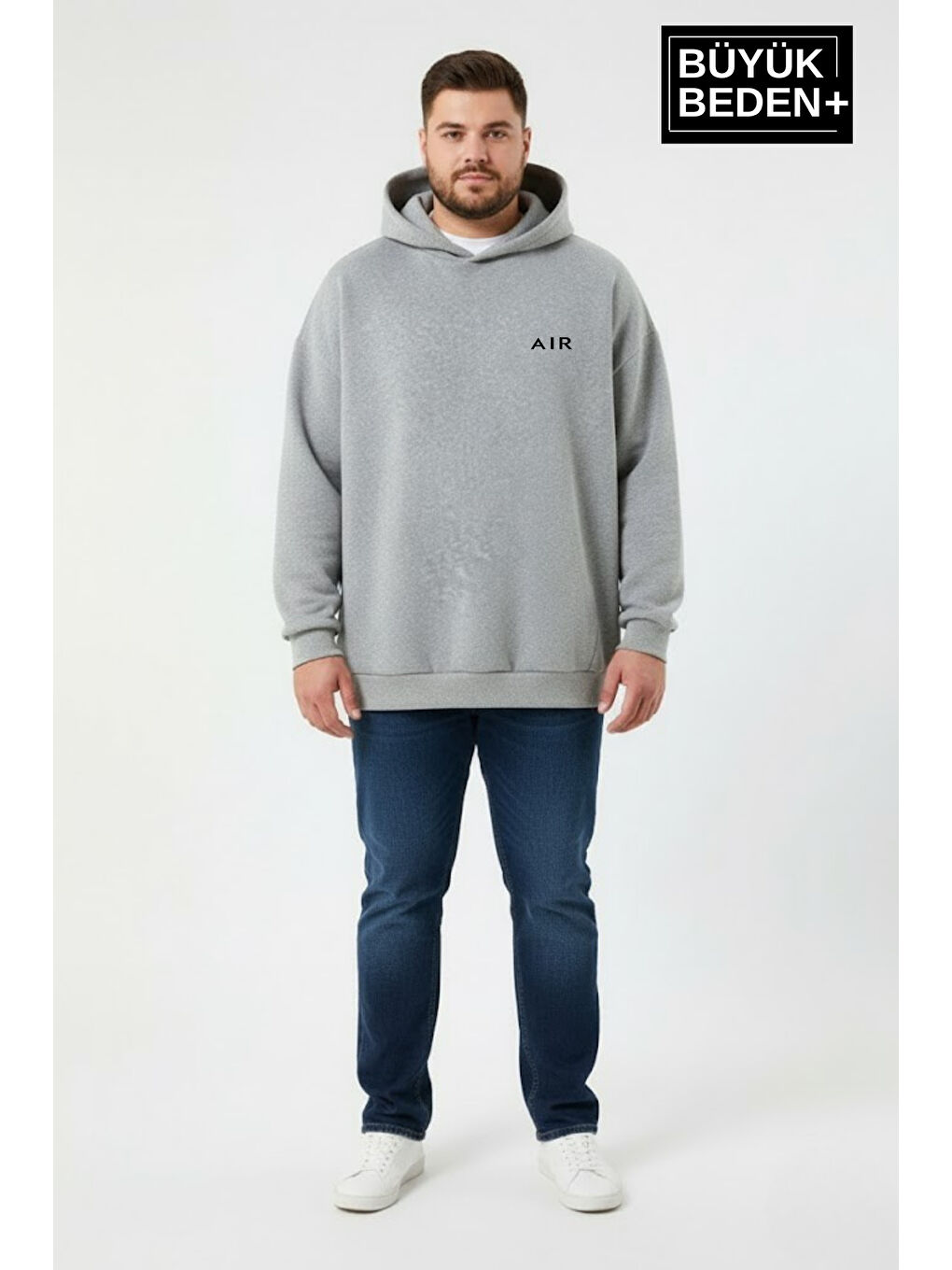 Gri Erkek Büyük Beden AR Baskılı Kapüşonlu Sweatshirt SPR26BSW963