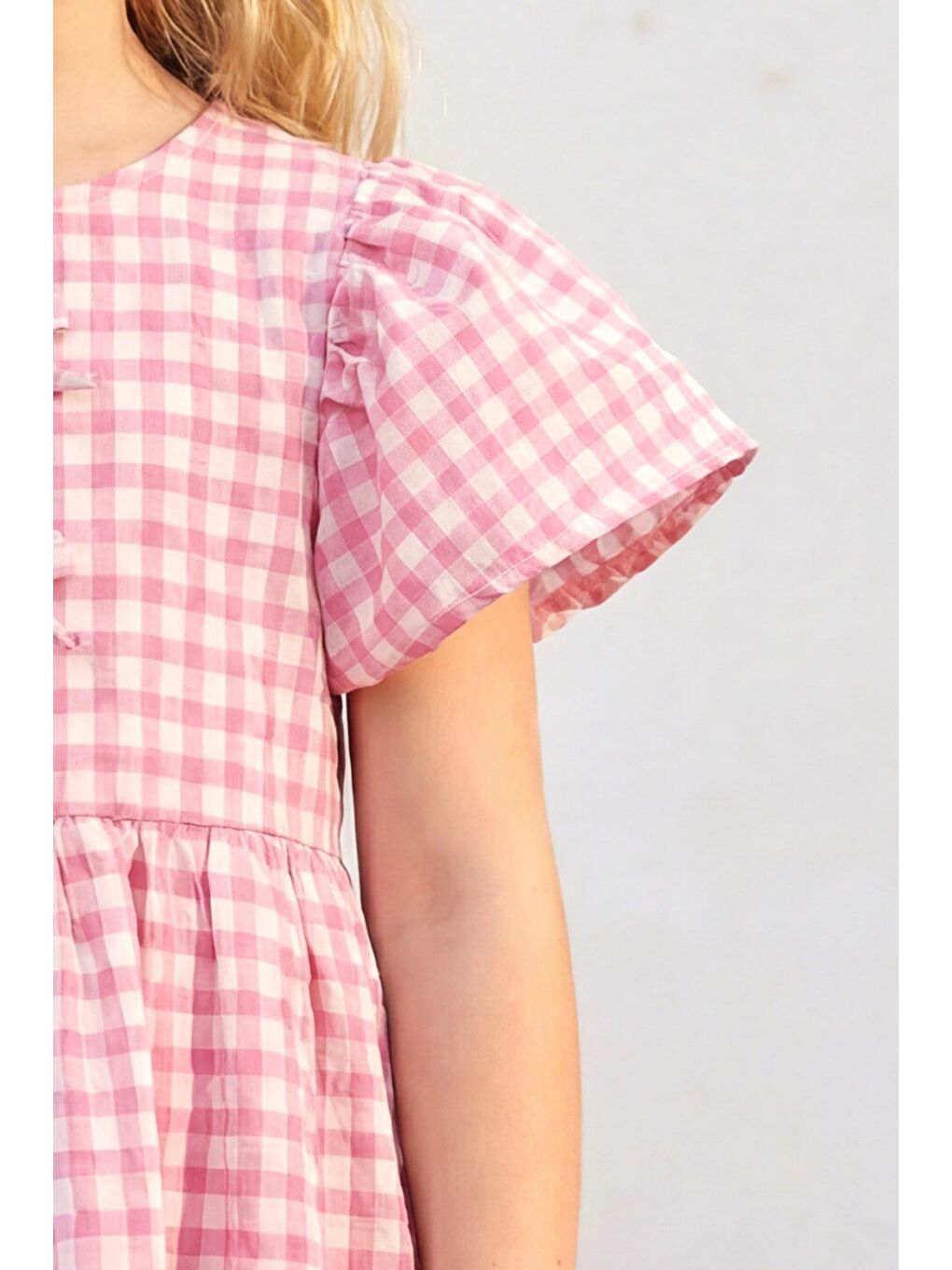 Kız Çocuk Pamuklu Pembe Pötikare Elbise - Fiyonk Detaylı-4