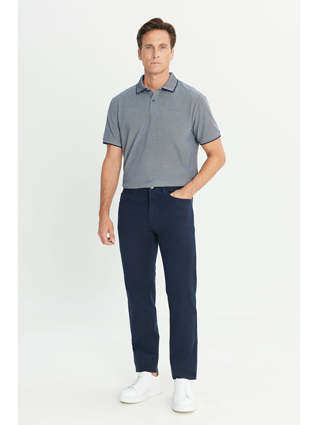 Erkek Lacivert Pamuklu Slim Fit Dar Kesim 5 Cep Armürlü Esnek Pantolon-1