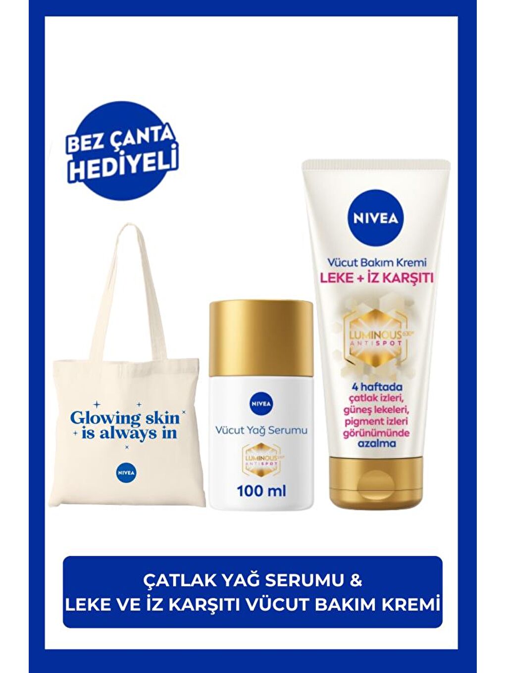 NIVEA Şeffaf Luminous630 Çatlak Karşıtı Yağ Serumu 100ml ve Leke İz Karşıtı Vücut Bakım Kremi 200ml, Çanta Hediye