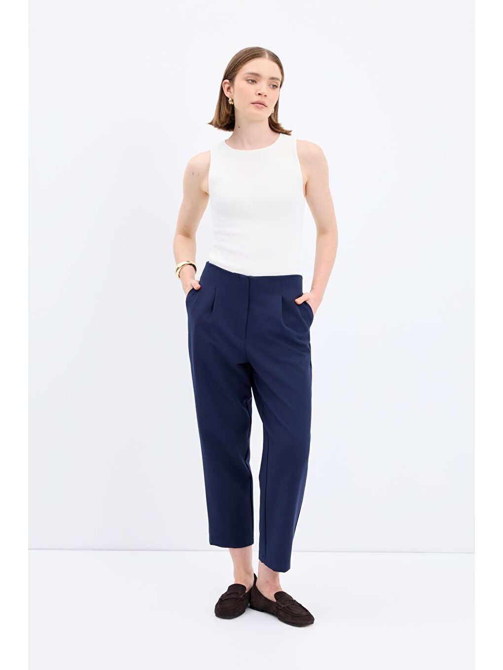 Yüksek Bel Düz Kesim Krep Pantolon Lacivert
