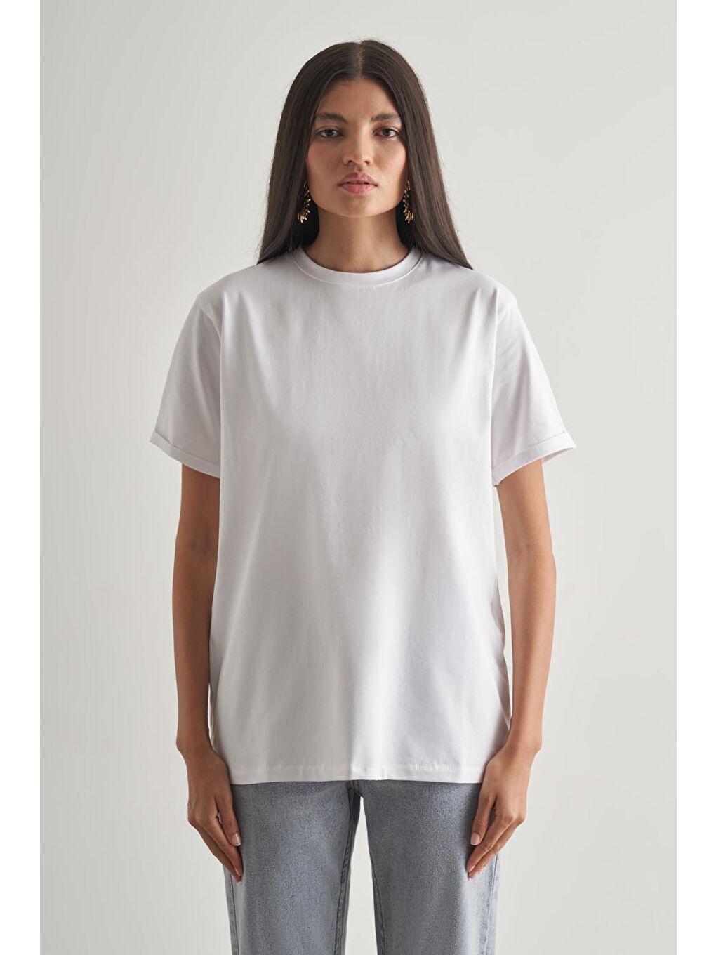 Pamuklu Ekru Oversize Basic Tişört