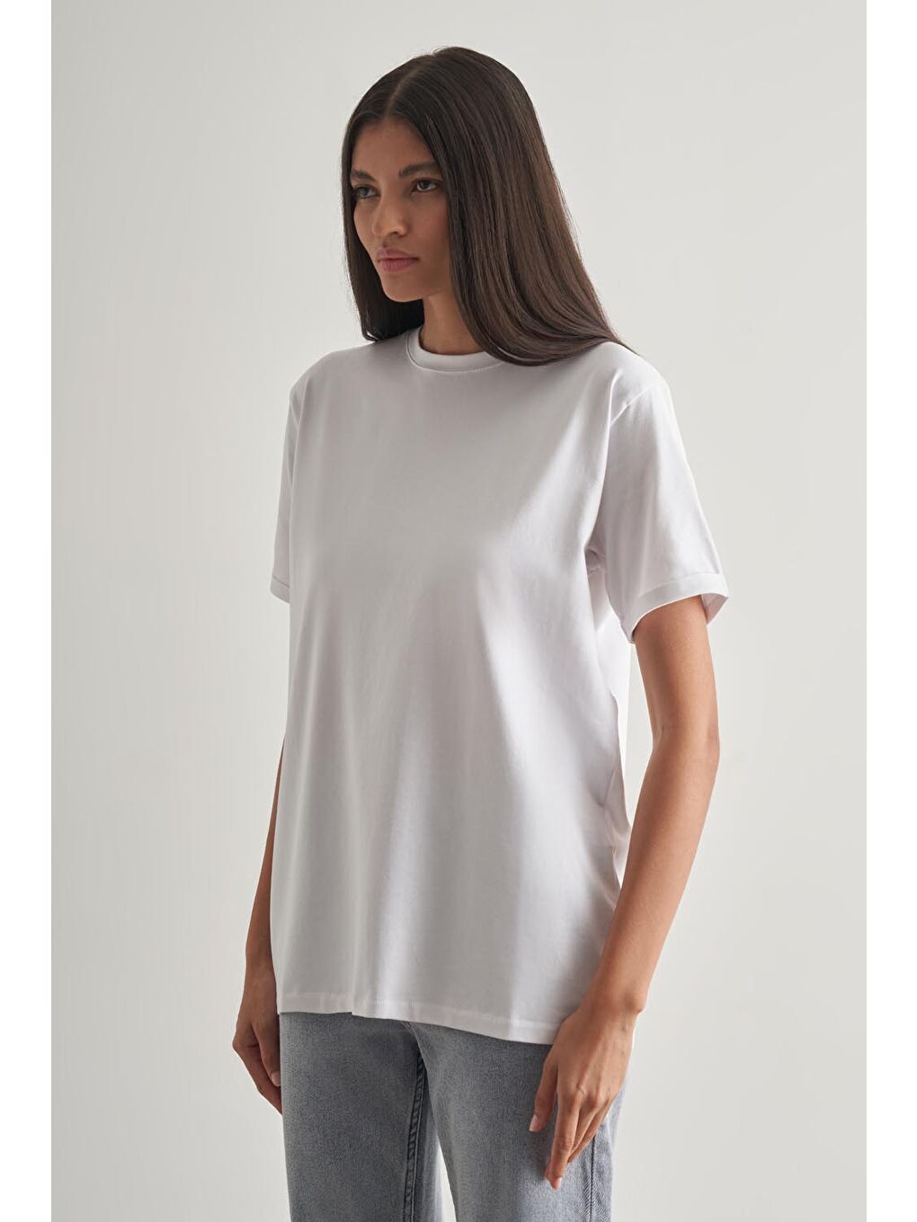 Pamuklu Ekru Oversize Basic Tişört-1
