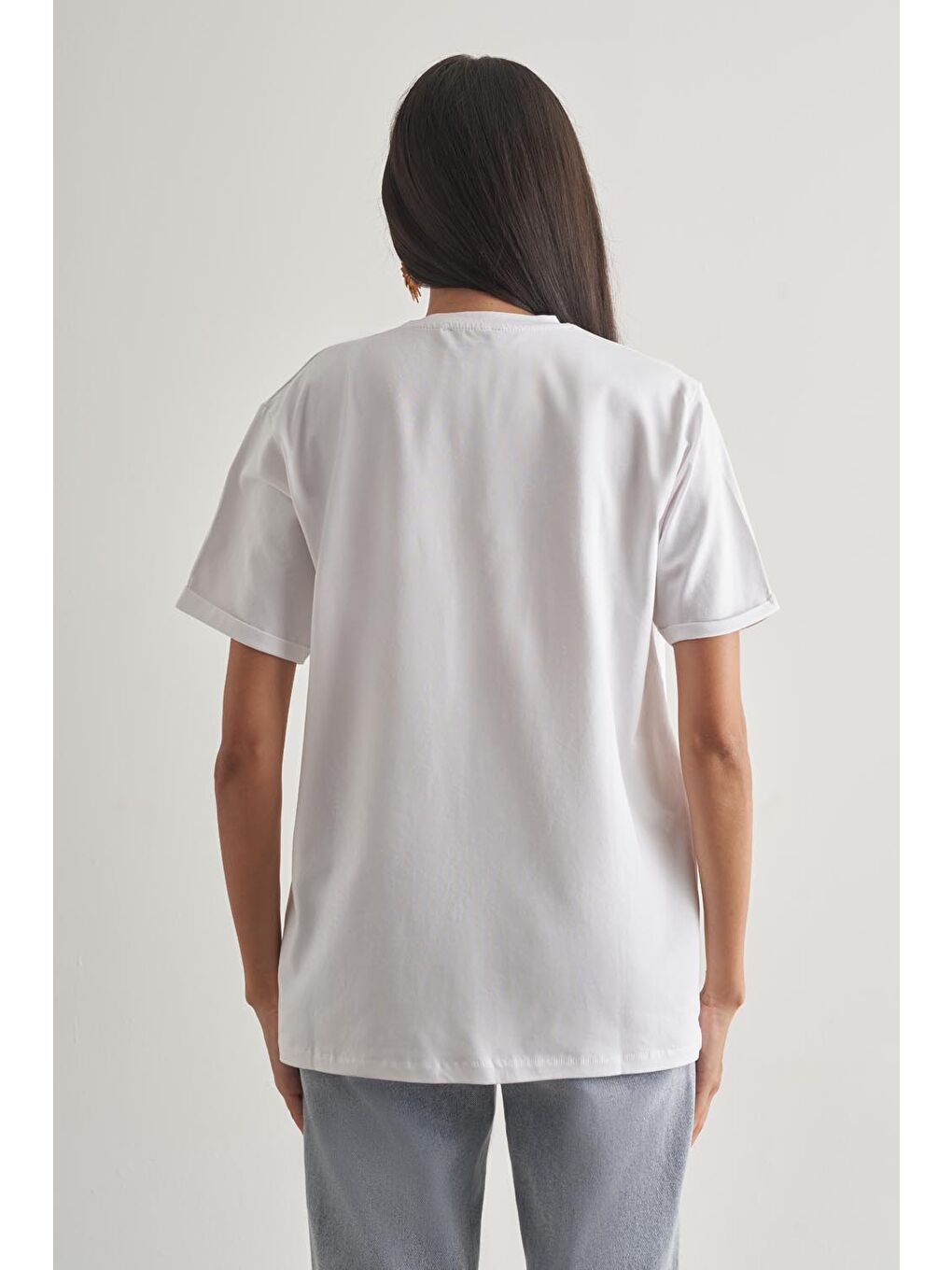 Pamuklu Ekru Oversize Basic Tişört-2