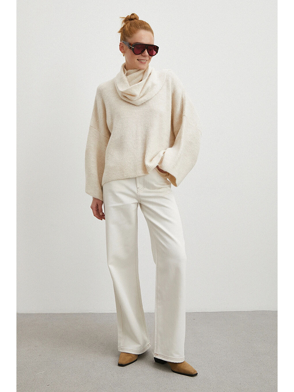 Yüksek Bel Baggy Jean Kırık Beyaz