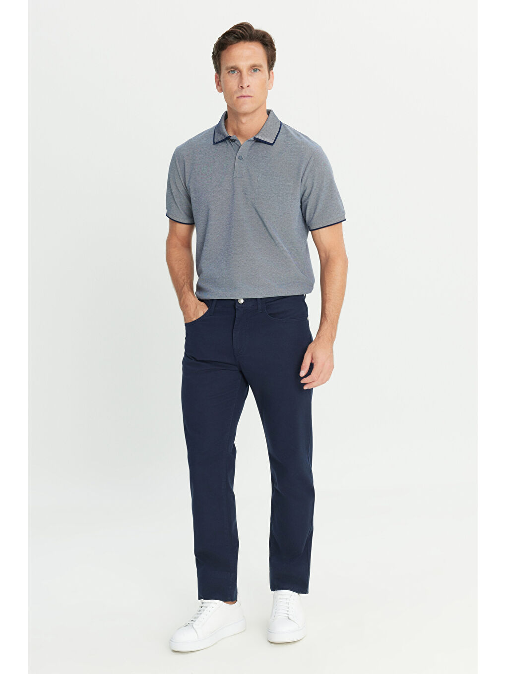 Erkek Lacivert Pamuklu Slim Fit Dar Kesim 5 Cep Armürlü Esnek Pantolon-2