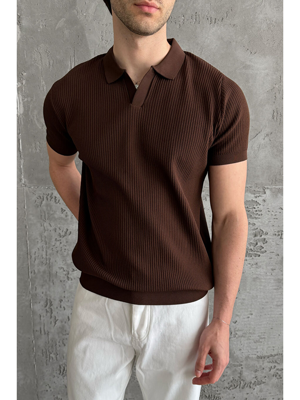Kahverengi Erkek Petek Desen Polo Yaka Triko T-shirt