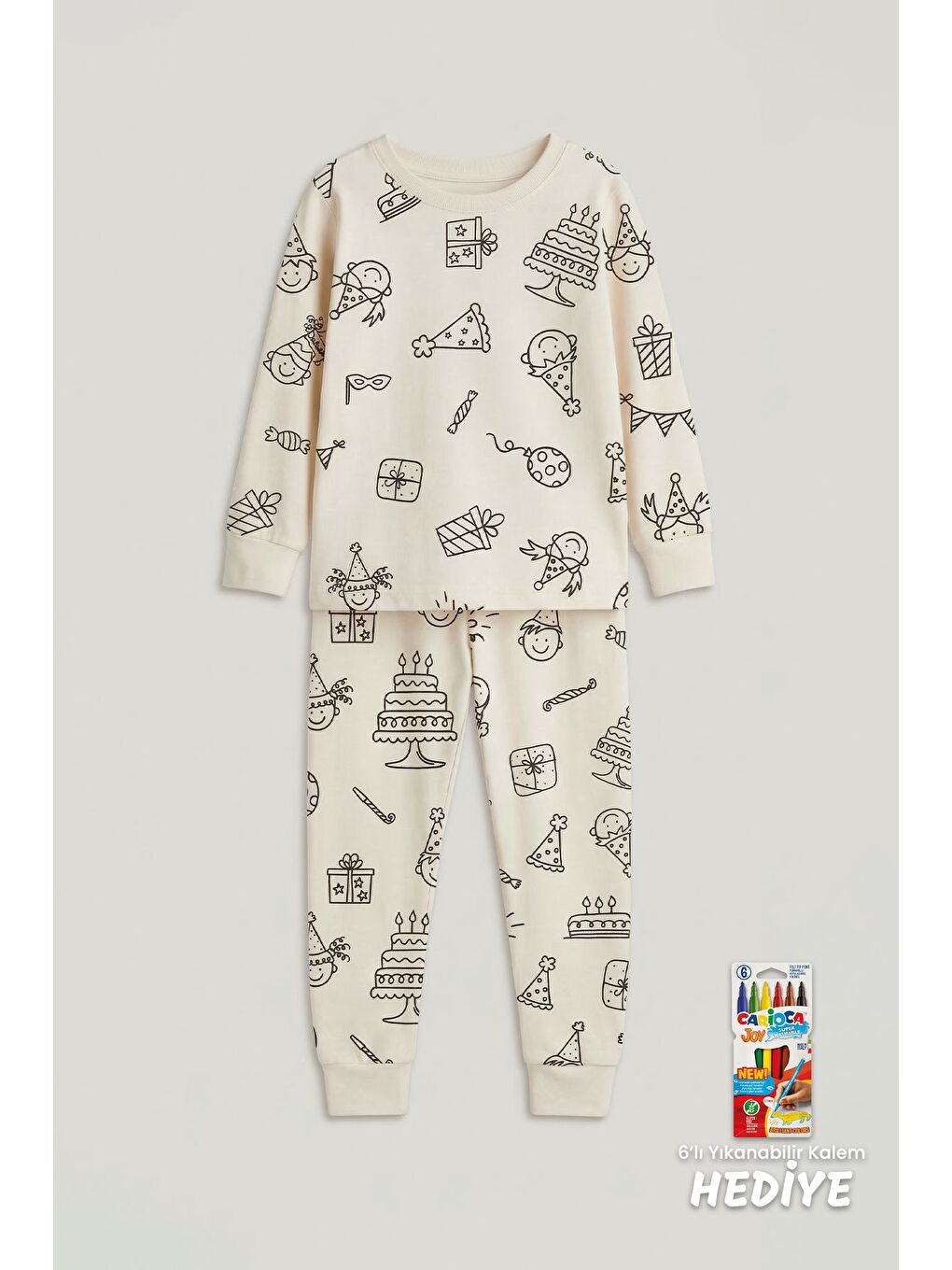 Ekru Boyanabilir Doğum Günü Temalı Çocuk Pijama Takımı – Yıkanabilir 6-Lı Kalem Hediyeli-1