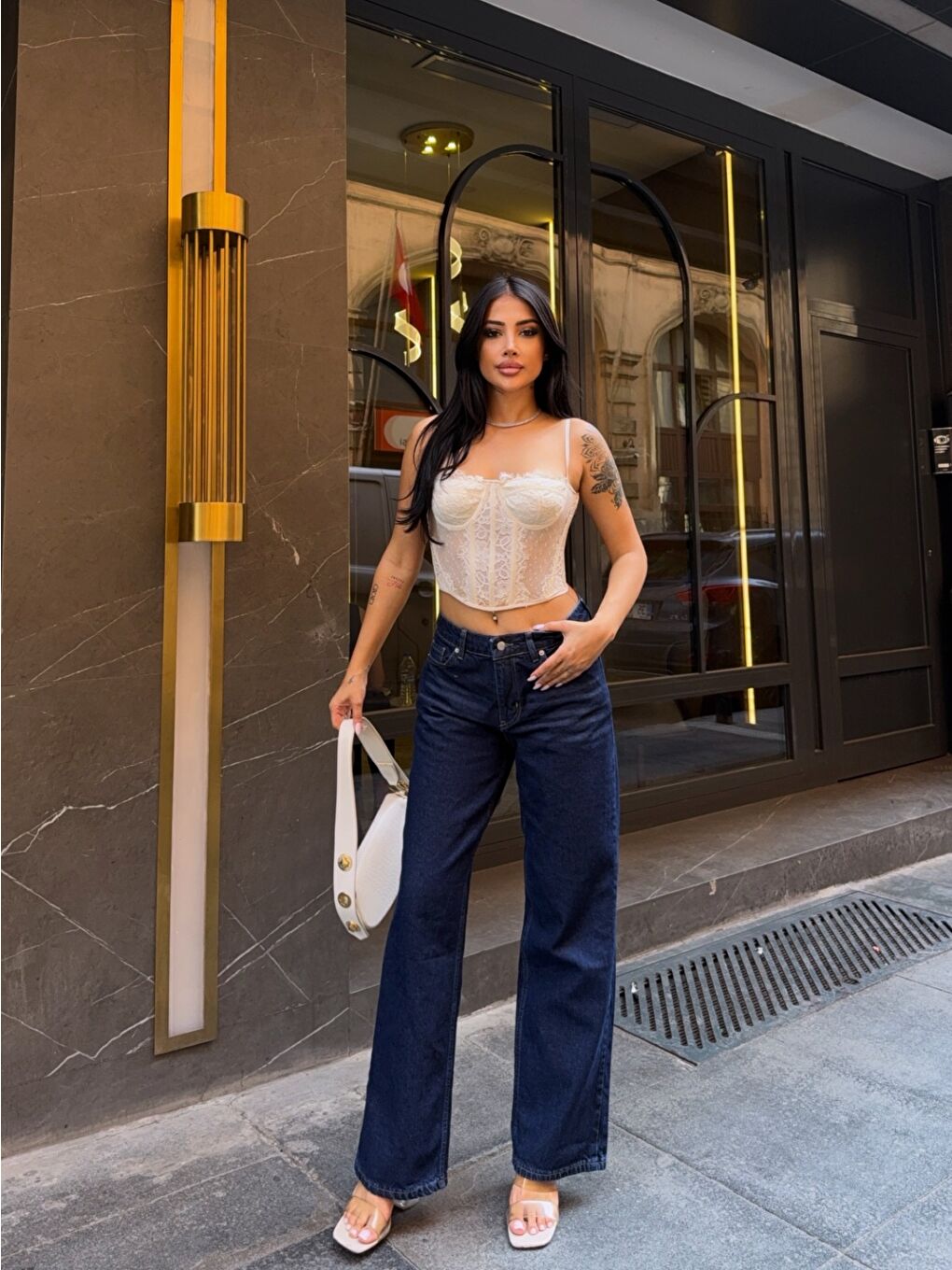 Lacivert İspanyol Paça Yüksek Bel Jean Pantalon-2