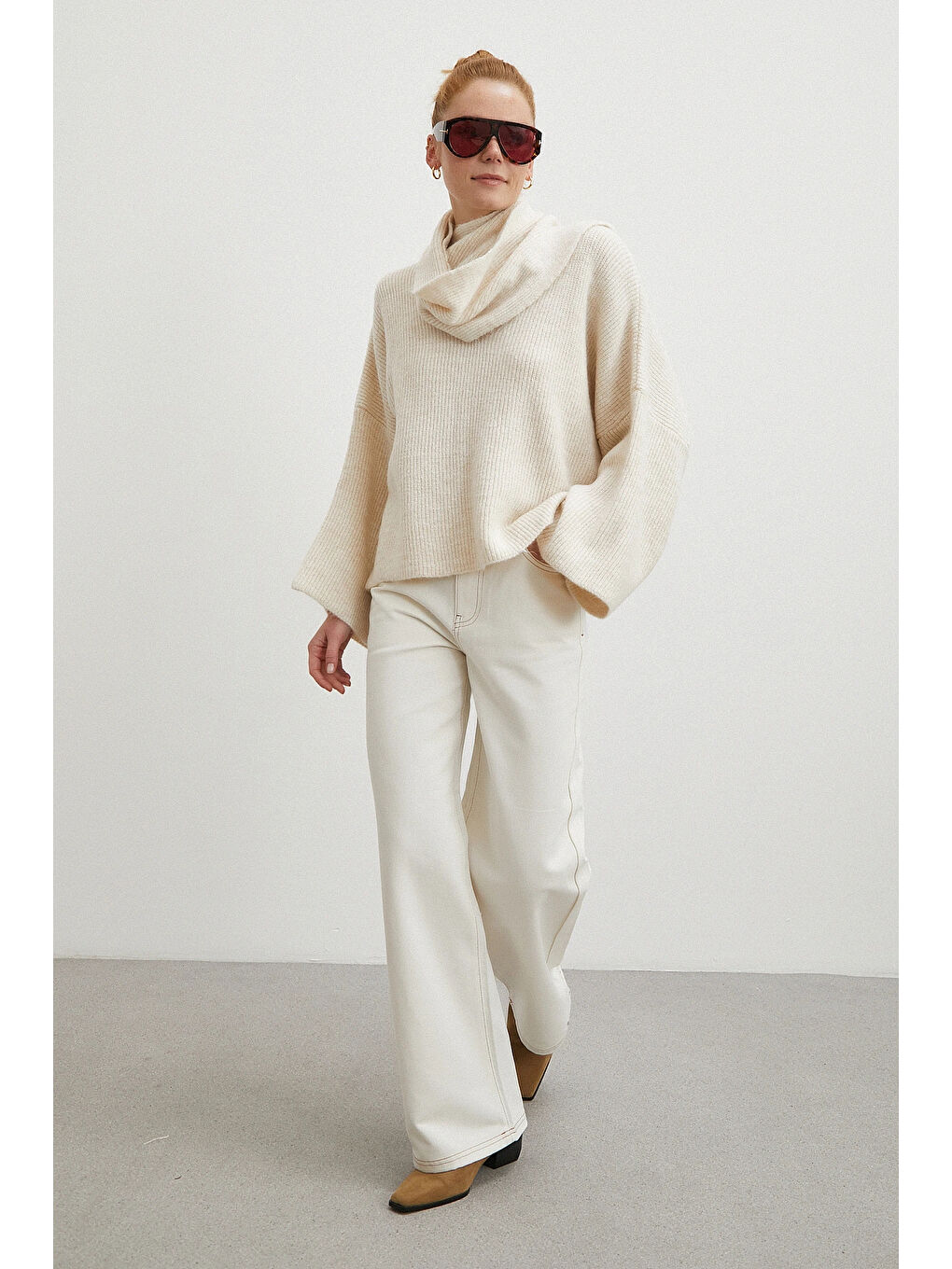 Yüksek Bel Baggy Jean Kırık Beyaz-1