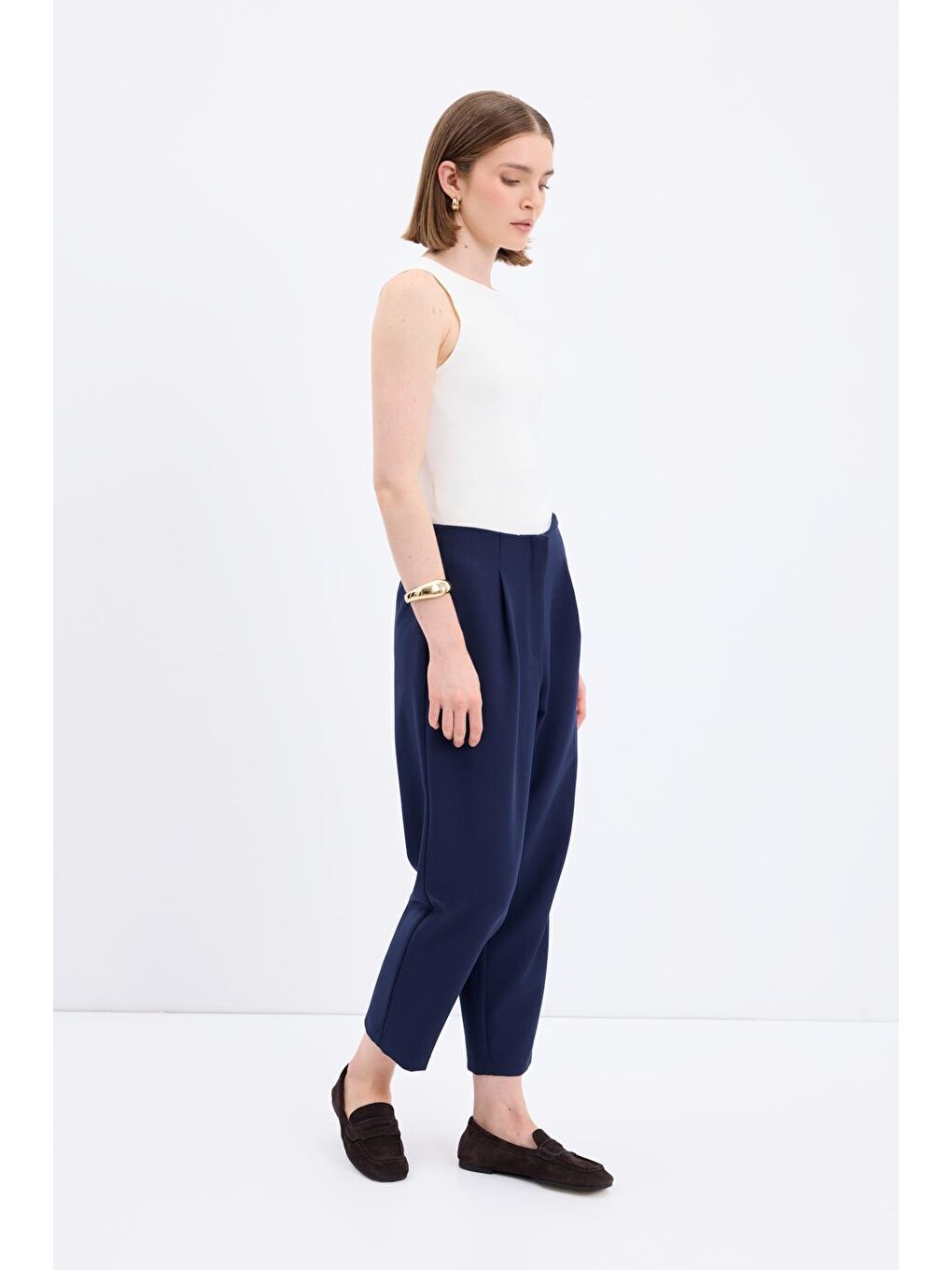 Yüksek Bel Düz Kesim Krep Pantolon Lacivert-2