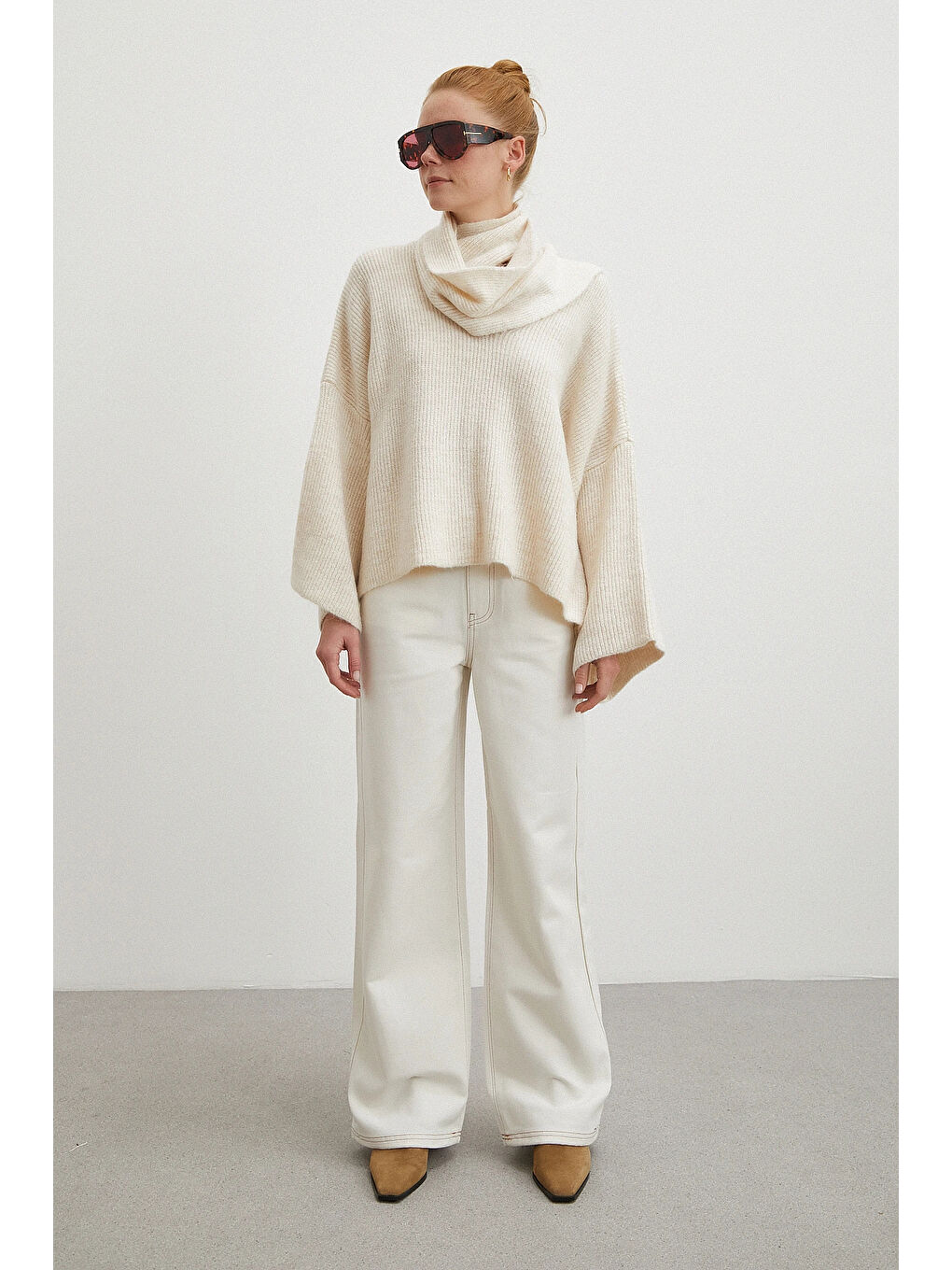 Yüksek Bel Baggy Jean Kırık Beyaz-2