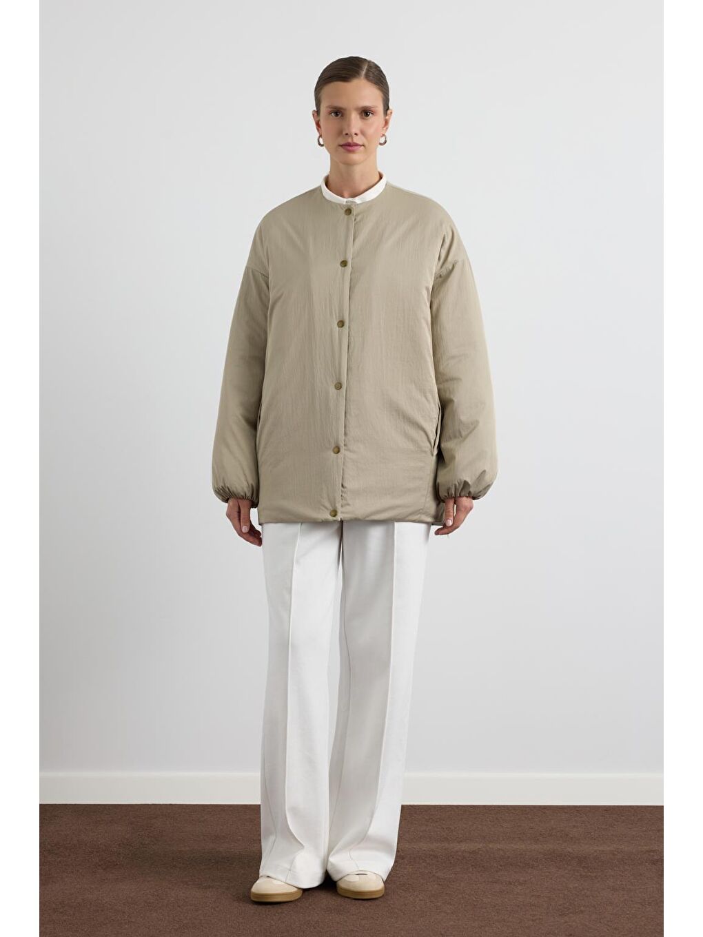 Bej Fermuarlı Şişme Mont Taş-1