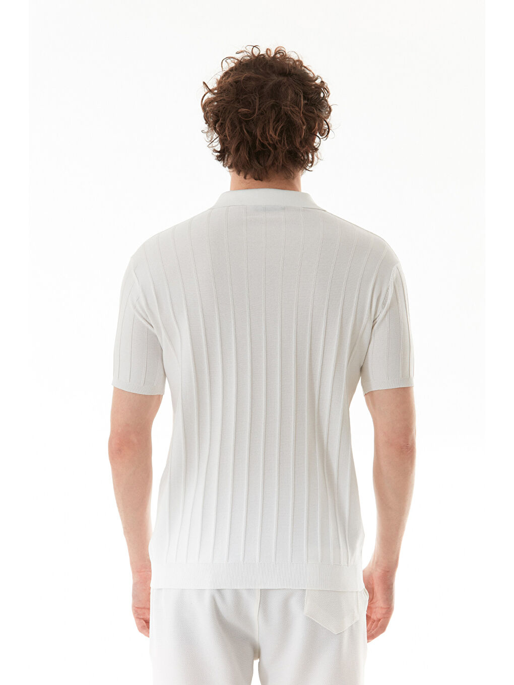 Beyaz Şeritli Polo Yaka Triko Tişört-3