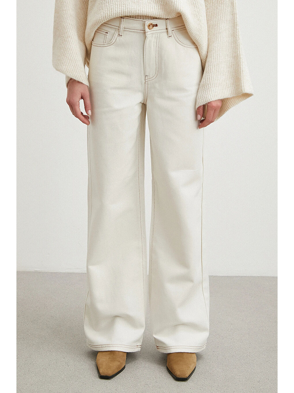 Yüksek Bel Baggy Jean Kırık Beyaz-3