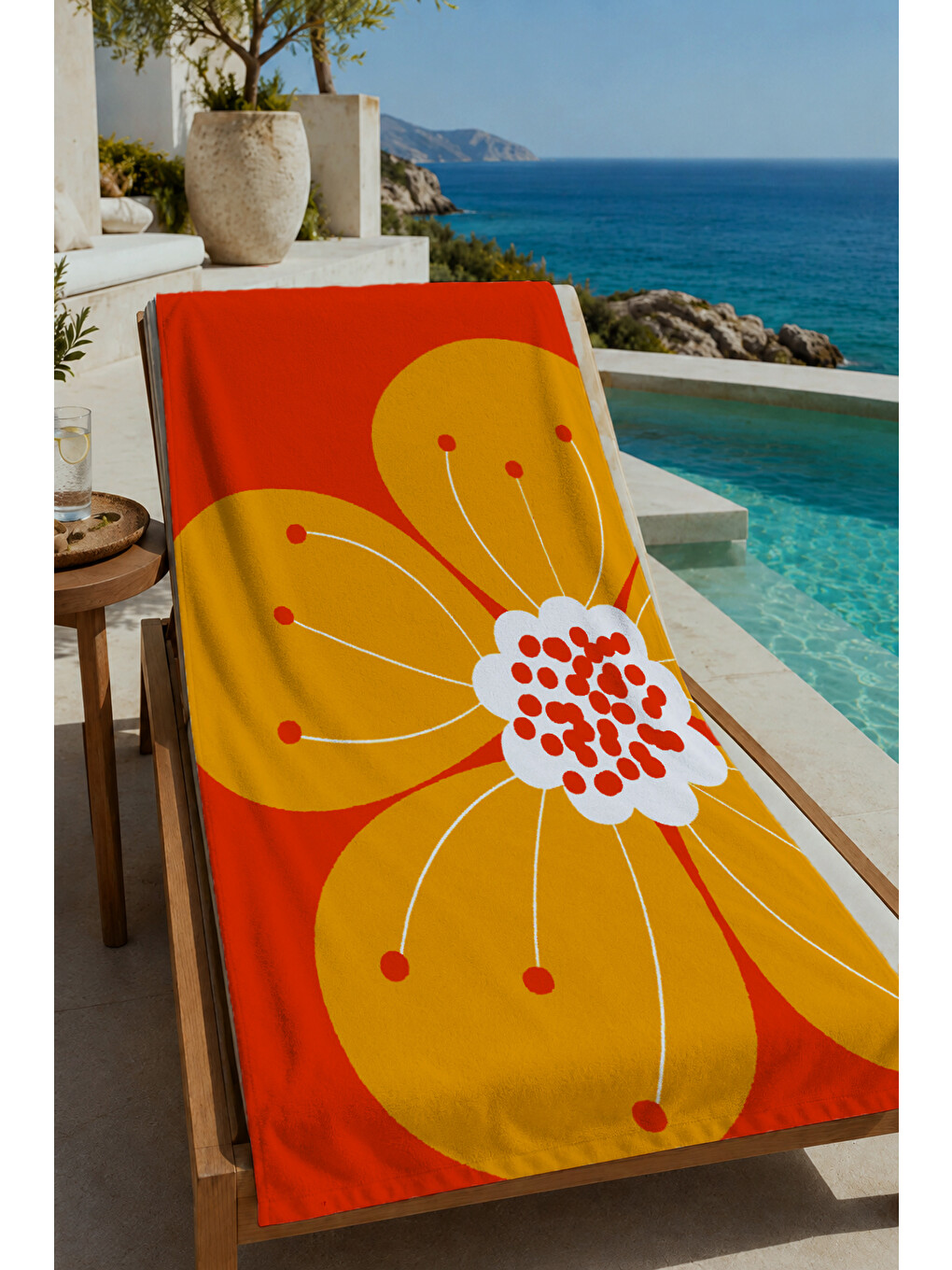 Turuncu Sarı Büyük Retro Çiçek Desenli 70x150 Cm Dijital Baskılı Plaj Ve Banyo Havlusu