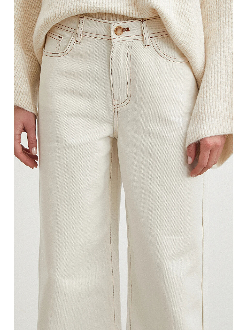 Yüksek Bel Baggy Jean Kırık Beyaz-4