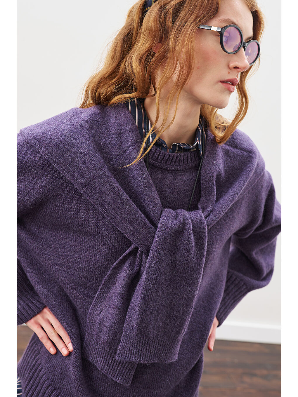 Kare Yaka Bağlamalı Triko Atkı Mor-2