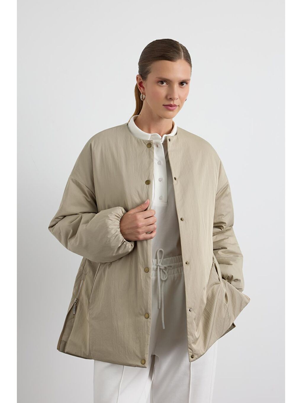 Bej Fermuarlı Şişme Mont Taş-2